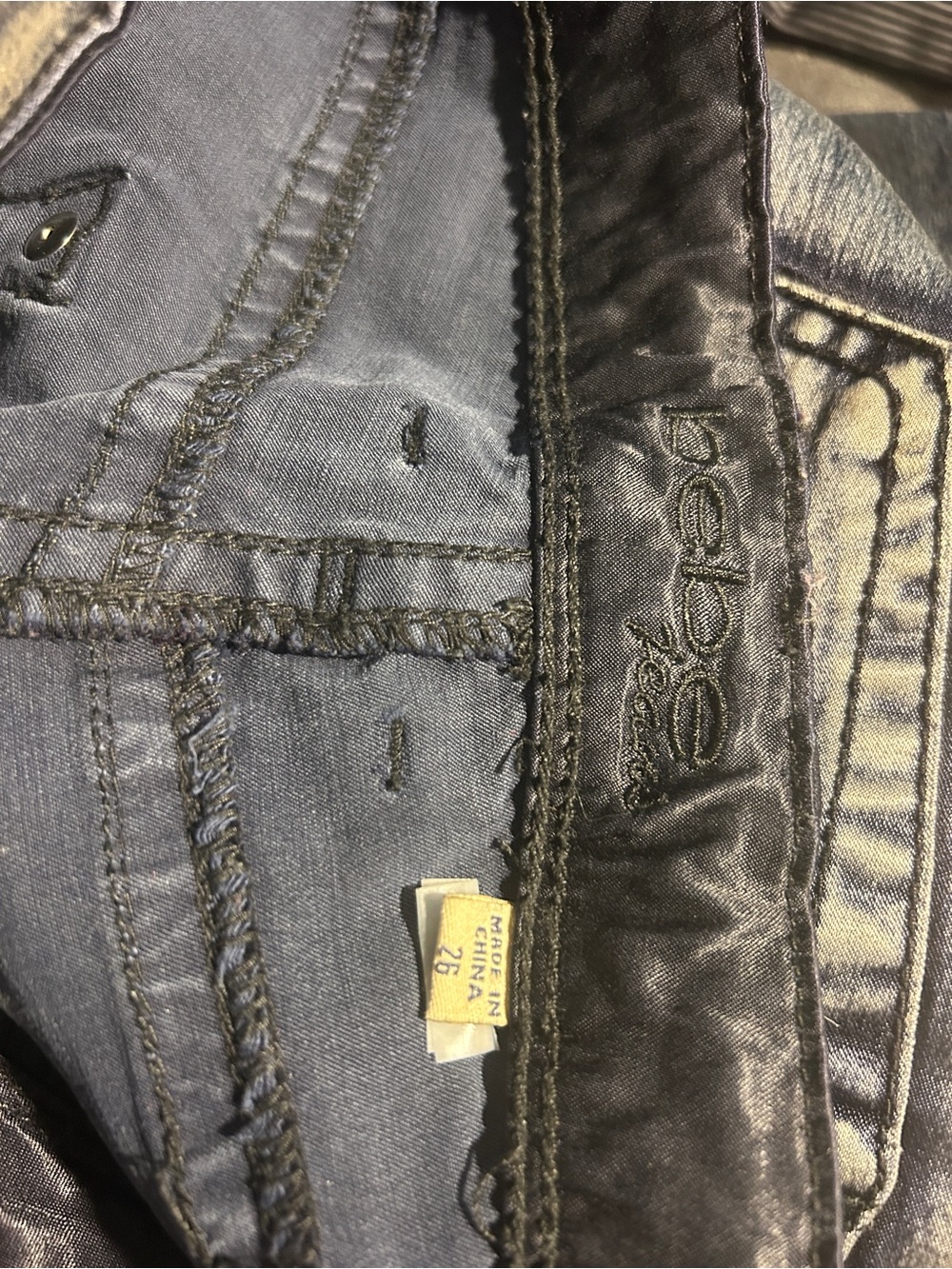 bebe Precious Metal Icon Skinny Jeans Silver Blue Metallic Coated Y2K Size 26 - Picture 3 of 3